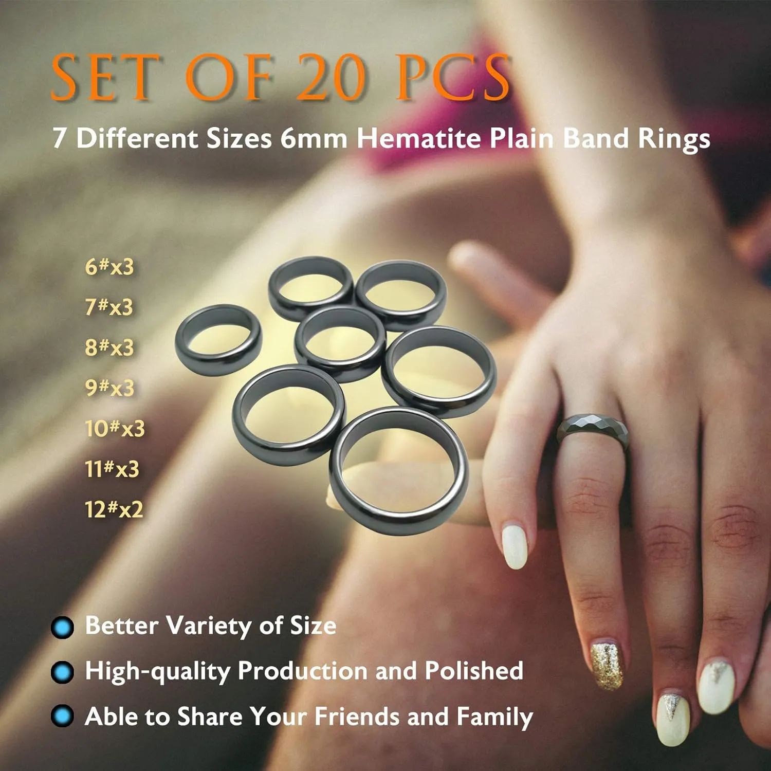 Morchic Hematite Stone Rings for Women Men Unisex, Balance Root Chakra (Pack of Mixed Size)