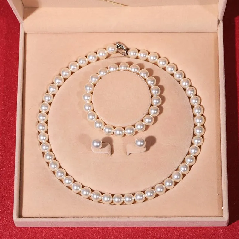 Natural Freshwater Pearl Necklace Set for Women | including Pearl Bracelet and Pearls Earrings | White Pearls Jewelry Set for Mother