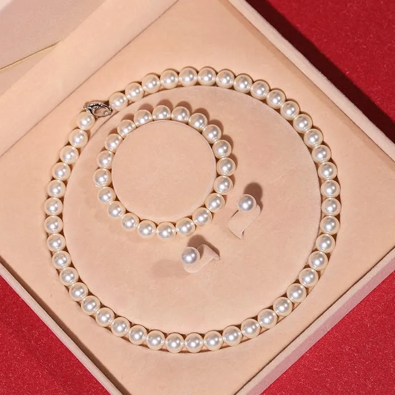Natural Freshwater Pearl Necklace Set for Women | including Pearl Bracelet and Pearls Earrings | White Pearls Jewelry Set for Mother