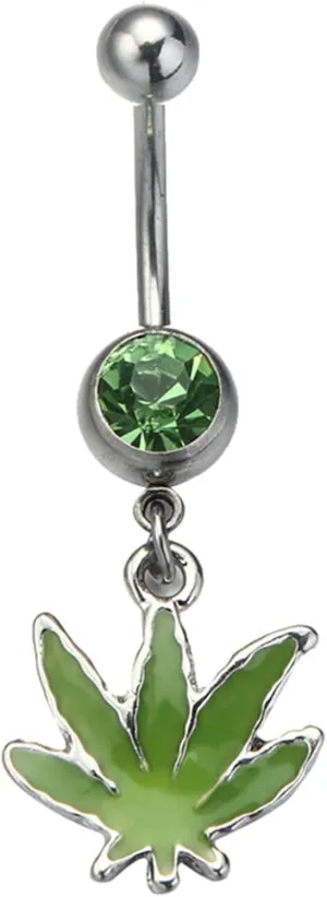 Navel Rings for Women Stainless Steel, CZ Navel Rings for Women Long Bar Leaves Shaped Silver Green Belly Rings