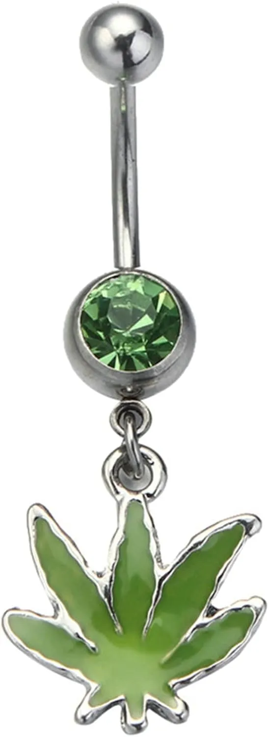 Navel Rings for Women Stainless Steel, CZ Navel Rings for Women Long Bar Leaves Shaped Silver Green Belly Rings