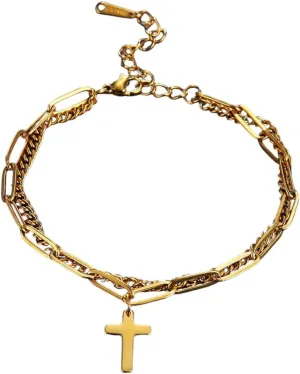 New 2024 Stainless Steel Bracelets Vintage Classic Cross Pendant Jesus Christian Type Double Layer Chain For Women Men Jewelry Present Fashion Accessories Creative Gift, As Pic