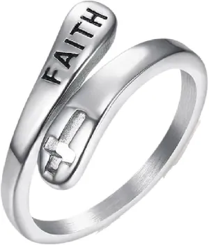 New 2025 Trendy Sliver Color Adjustable Vintage Faith Letters Cross Opening Adjustable Rings For Women Men Christian Jewelry Gift Jewelry With You Accessories Trendy Best For Gift