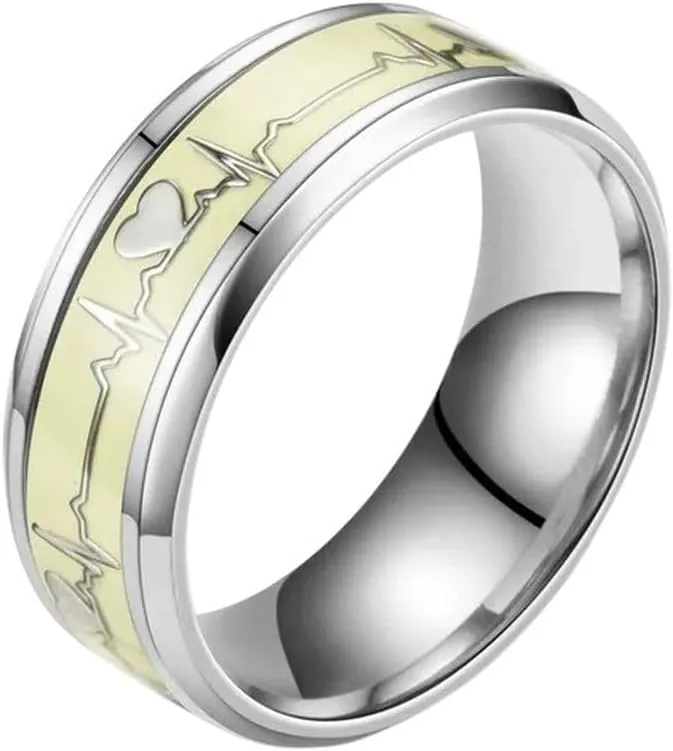 New 2026 Unisex Stainles Stell Trendy Electrocardiogram Luminous Finger Rings for Men Women Fashion Glowing in Dark Heart Band Ring Jewelry Couples Accessories Creative Gift for Women and Men