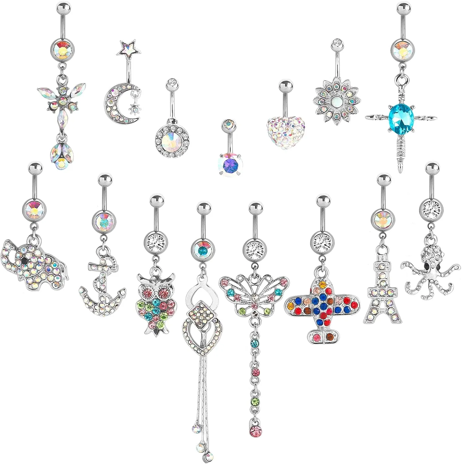 NEWITIN 10 Pieces 14G Belly Button Rings for Women Navel Ring Body Piercing Jewelry Set 316L Surgical Steel Inlaid Cubic Zirconia Belly Dangle Rings for Women