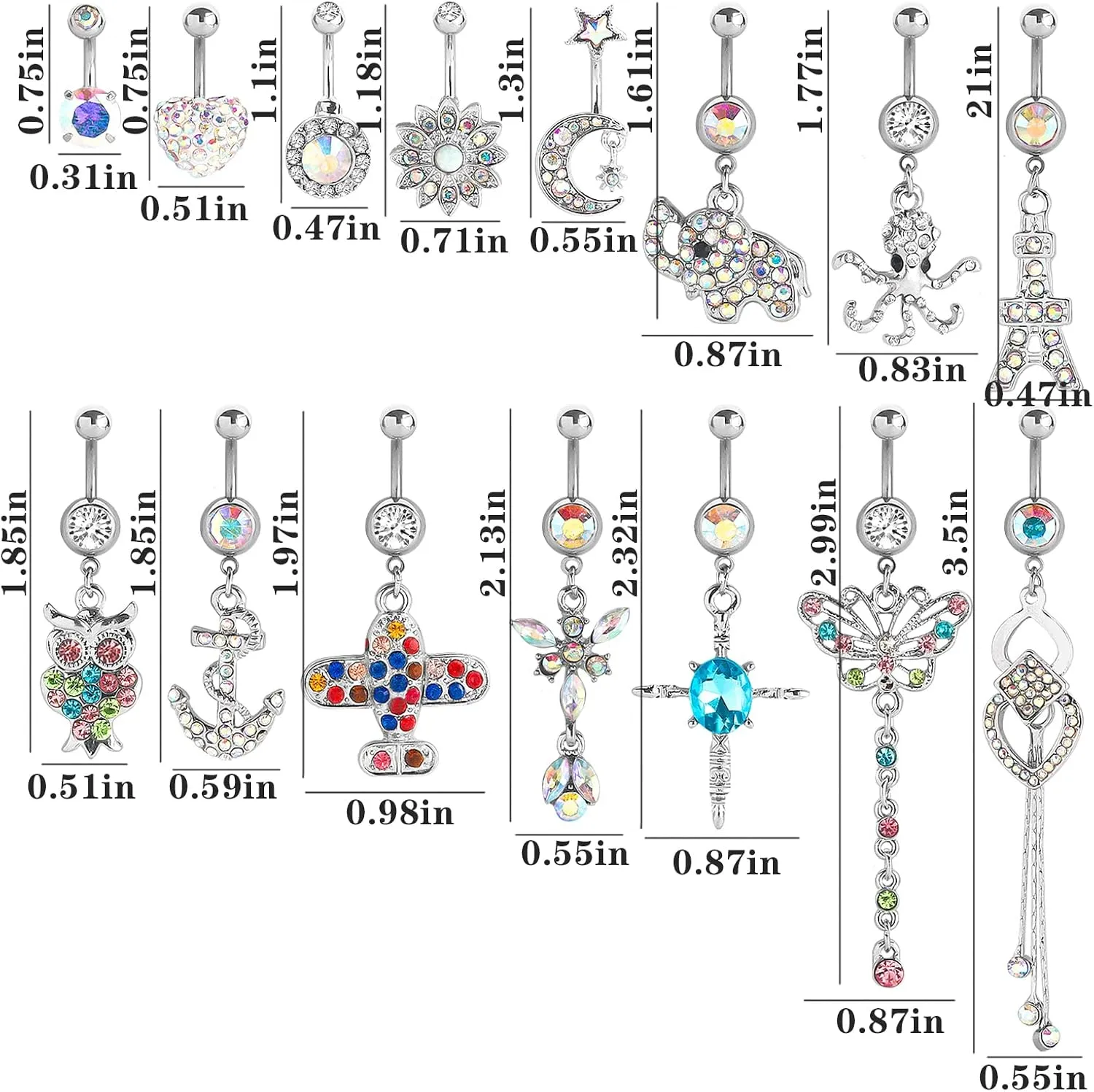 NEWITIN 10 Pieces 14G Belly Button Rings for Women Navel Ring Body Piercing Jewelry Set 316L Surgical Steel Inlaid Cubic Zirconia Belly Dangle Rings for Women