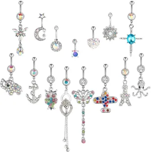 NEWITIN 10 Pieces 14G Belly Button Rings for Women Navel Ring Body Piercing Jewelry Set 316L Surgical Steel Inlaid Cubic Zirconia Belly Dangle Rings for Women