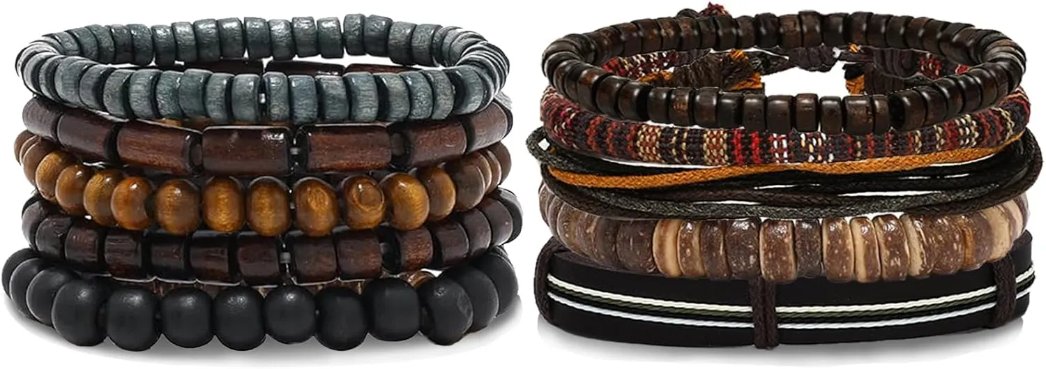 NEWITIN 10 Pieces African Beaded Bracelets Adjustable Jamaica Bracelet Jewelry Multi Layer Ethnic Tribal Braided Bracelet Leather Bracelets for Men Women