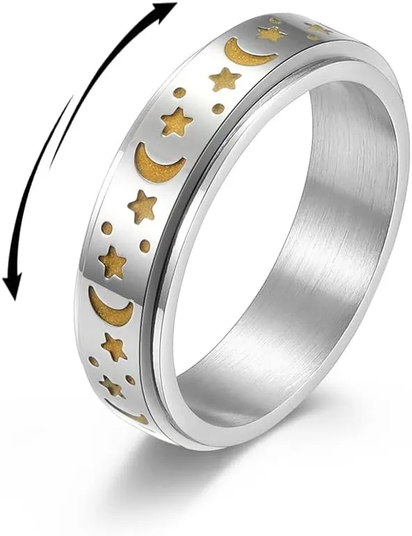 OIDIMS Stainless Steel Spinner Rings Moon and Star Fidget Stress Relieving Anxiety Rotate Freely Engagement Wedding Promise Band Luminous Glow in The Dark Jewelry Gift for Women Men