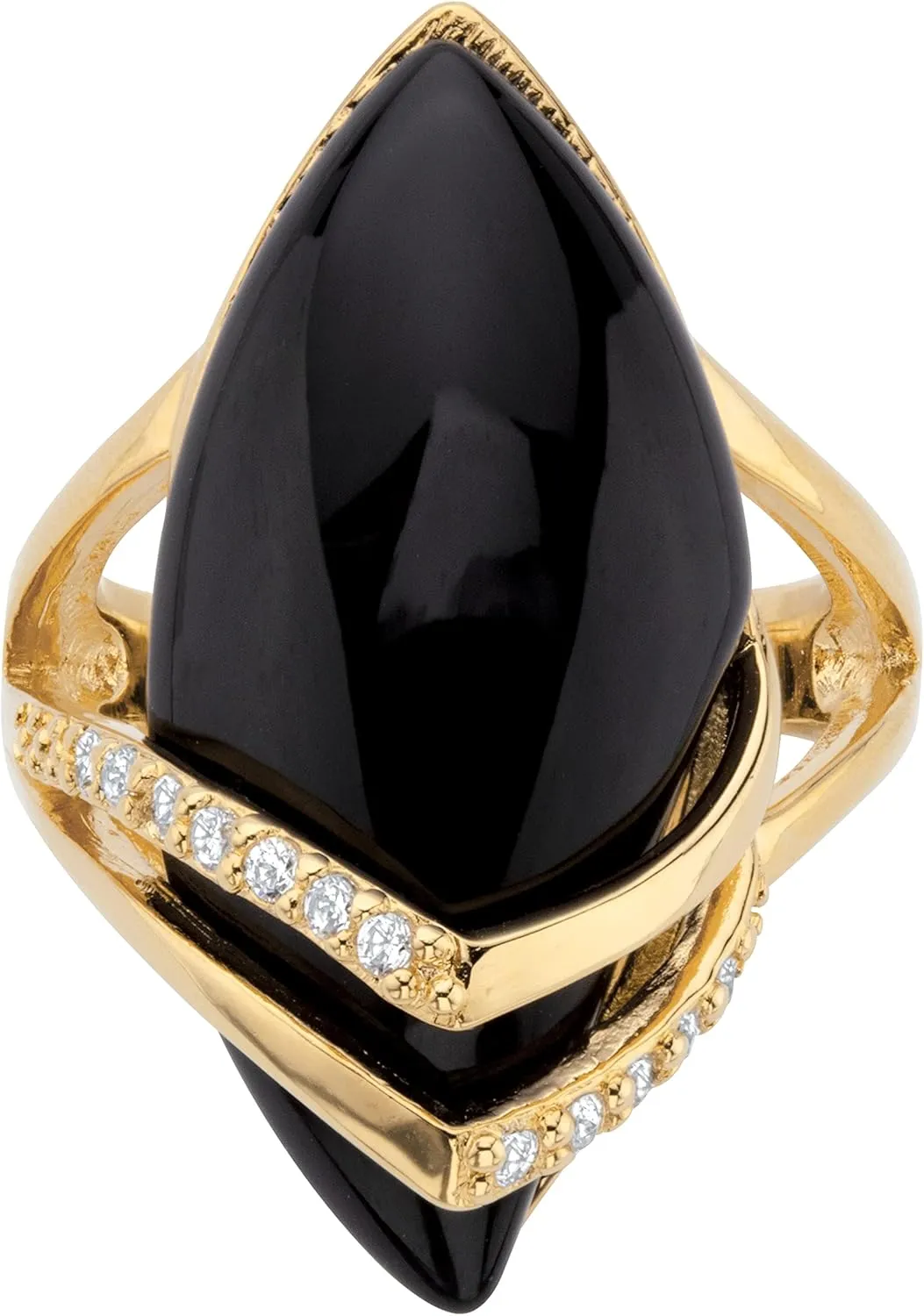 PalmBeach Yellow Gold-Plated Marquise Shaped Natural Black Onyx and Round Cubic Zirconia Ring Sizes 6-12