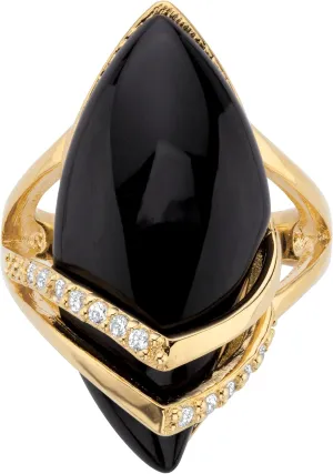 PalmBeach Yellow Gold-Plated Marquise Shaped Natural Black Onyx and Round Cubic Zirconia Ring Sizes 6-12