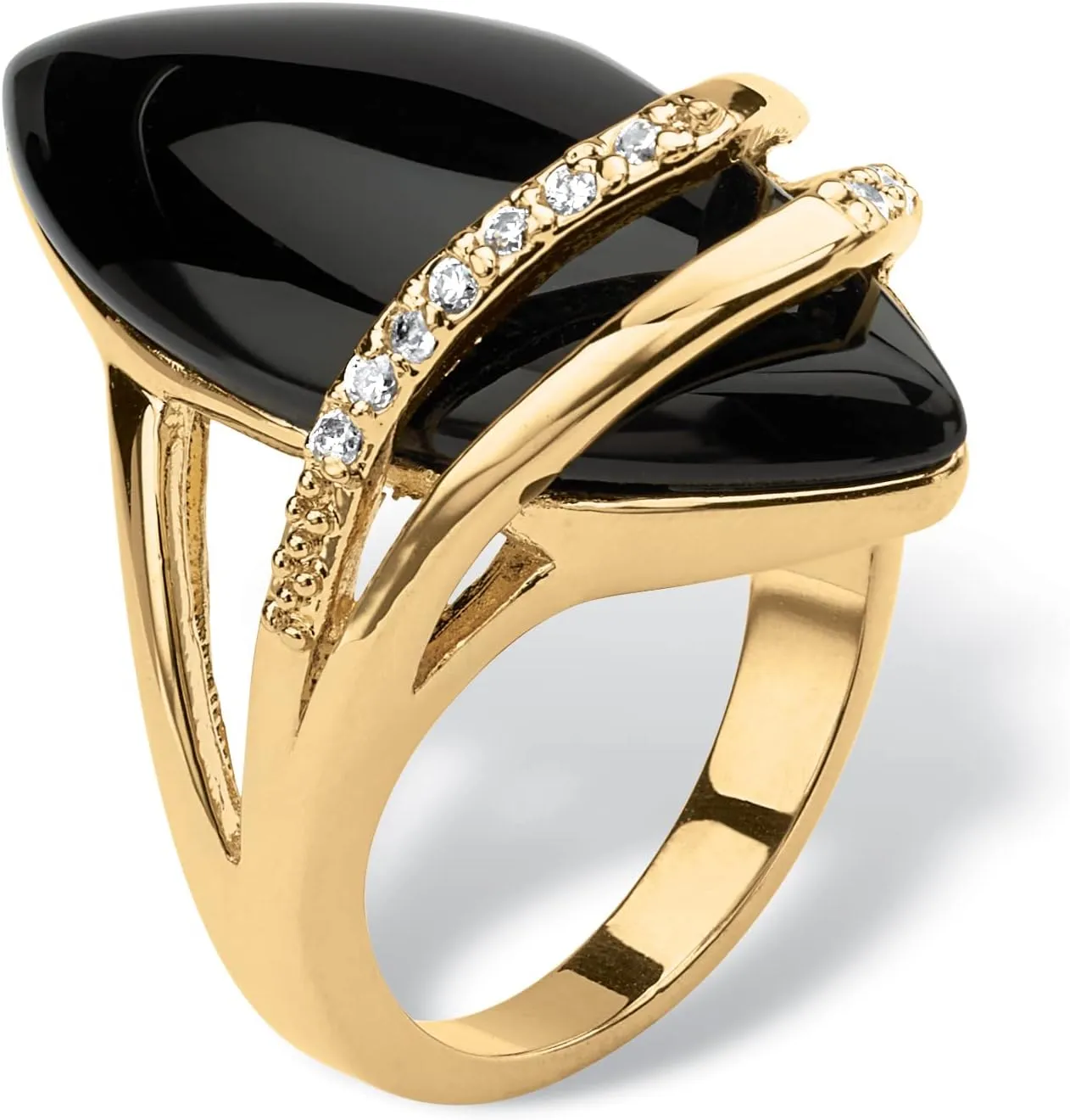 PalmBeach Yellow Gold-Plated Marquise Shaped Natural Black Onyx and Round Cubic Zirconia Ring Sizes 6-12