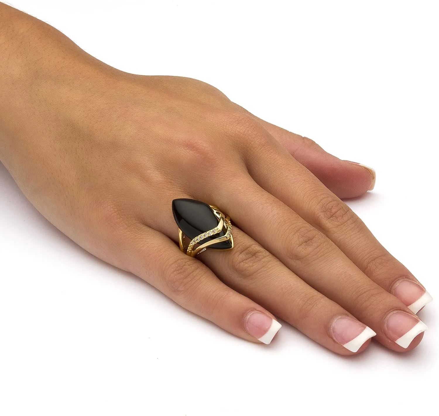 PalmBeach Yellow Gold-Plated Marquise Shaped Natural Black Onyx and Round Cubic Zirconia Ring Sizes 6-12