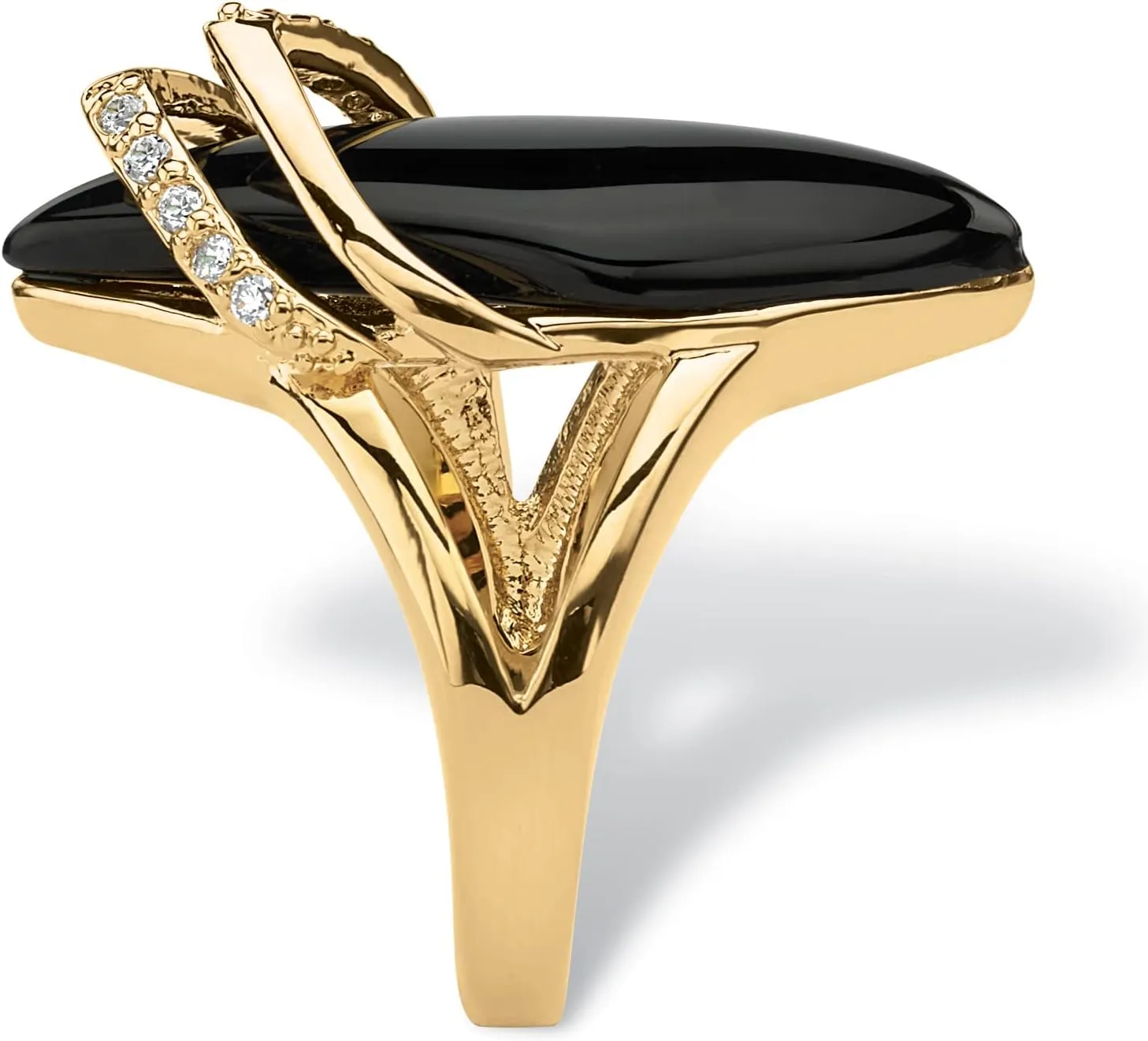 PalmBeach Yellow Gold-Plated Marquise Shaped Natural Black Onyx and Round Cubic Zirconia Ring Sizes 6-12