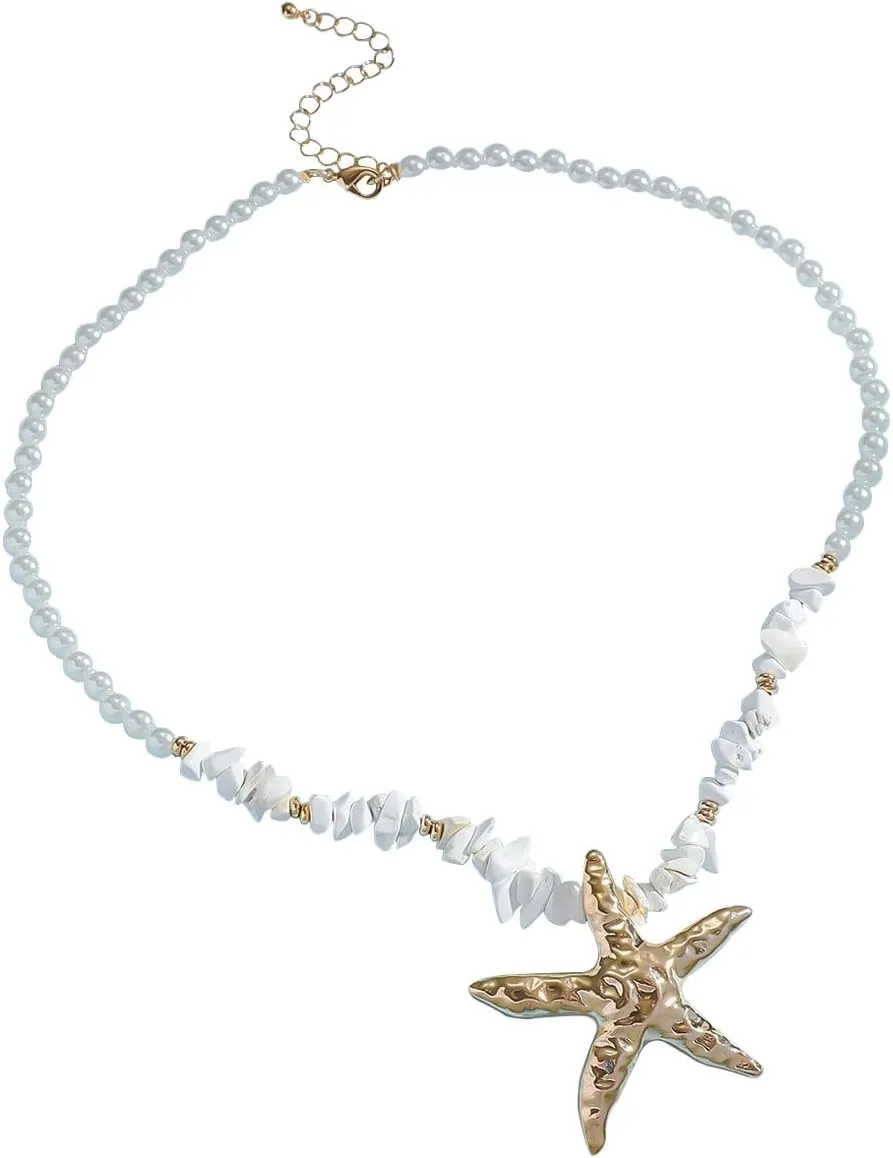 Pearl & Starfish Necklace, 1 Pc Boho Style Starfish Necklace, Elegant Necklace Accessory, Starfish Necklace for Women