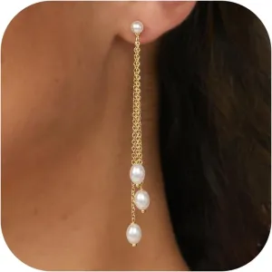 Pearl Earrings for Women - 14K Gold Plated Dainty Pearl Dangle Earrings Elegant Wedding Studs for Brides