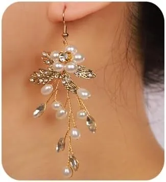 Pearls Flower Gold Leaf Crystal Dangle Earrings Pearl Rhinestone Crystal Chandelier Earrings Gold Plated Dangle Earrings Wedding Party Jewelry Gift for Women