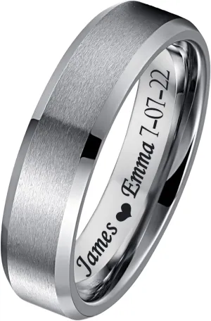 Personalized Tungsten Ring for Men 6mm/8mm Black Tungsten Carbide Engagement Wedding Band Brushed Matte Finish Customized Promise Ring Domed Comfort Fit Size 6-13