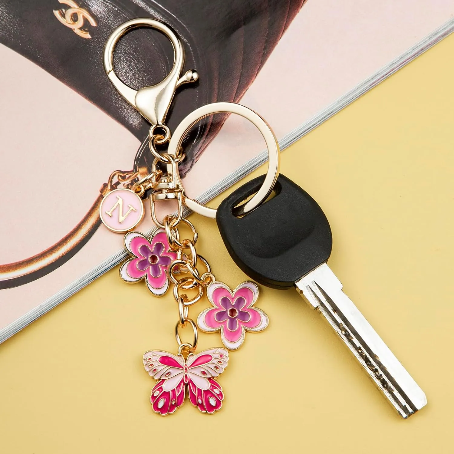 Pink Letter Keychain for Women Bag Charms Purse Charms Cute Stainless Steel Keychain Initial Letter Keys Charm Gifts