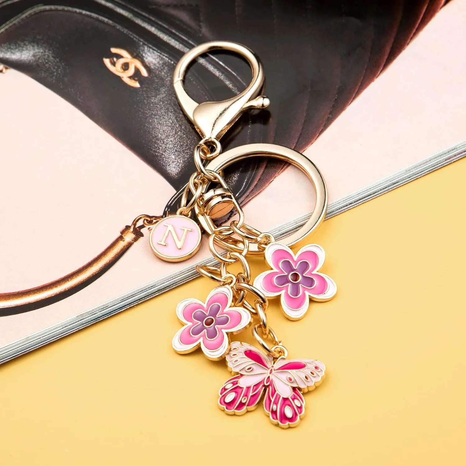Pink Letter Keychain for Women Bag Charms Purse Charms Cute Stainless Steel Keychain Initial Letter Keys Charm Gifts