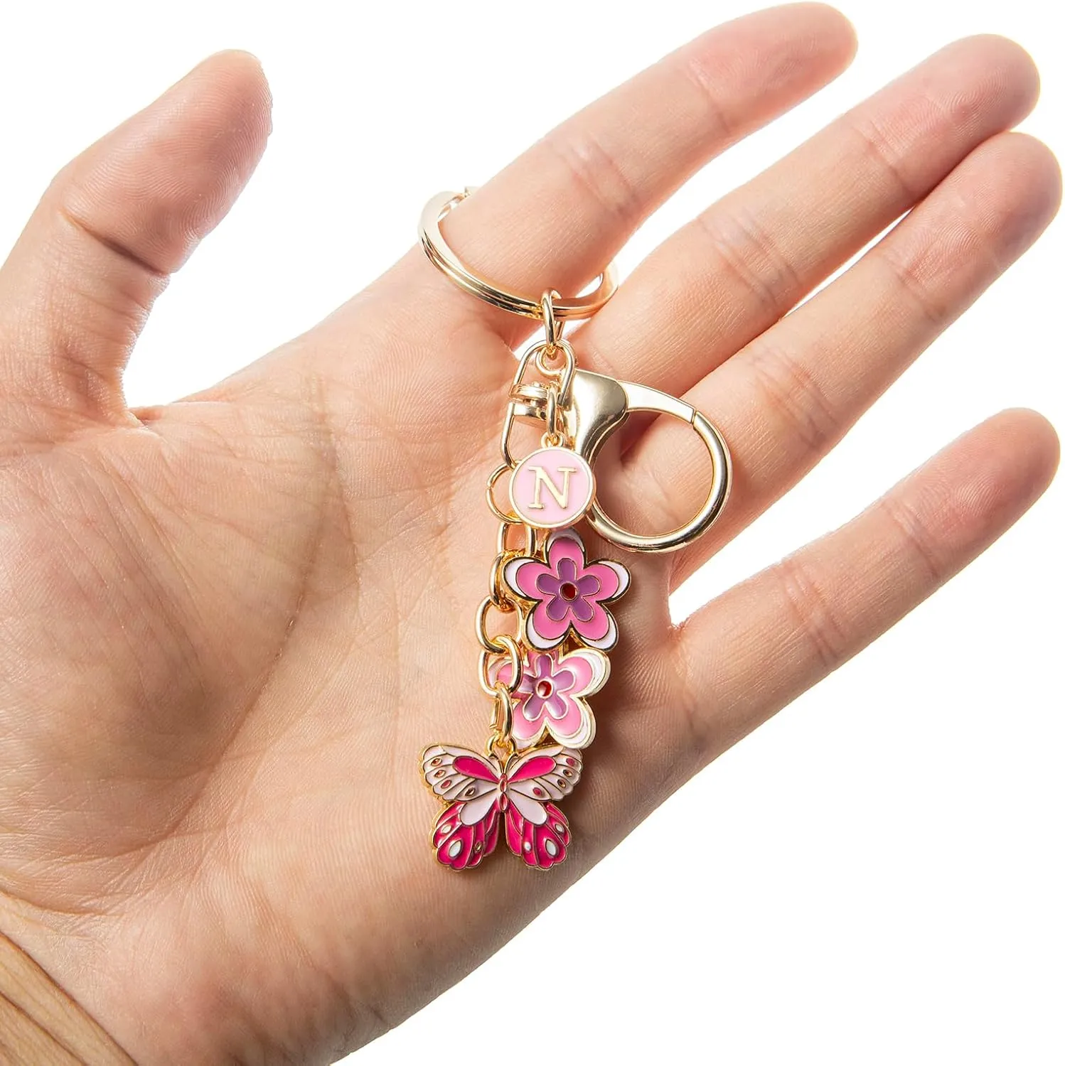 Pink Letter Keychain for Women Bag Charms Purse Charms Cute Stainless Steel Keychain Initial Letter Keys Charm Gifts