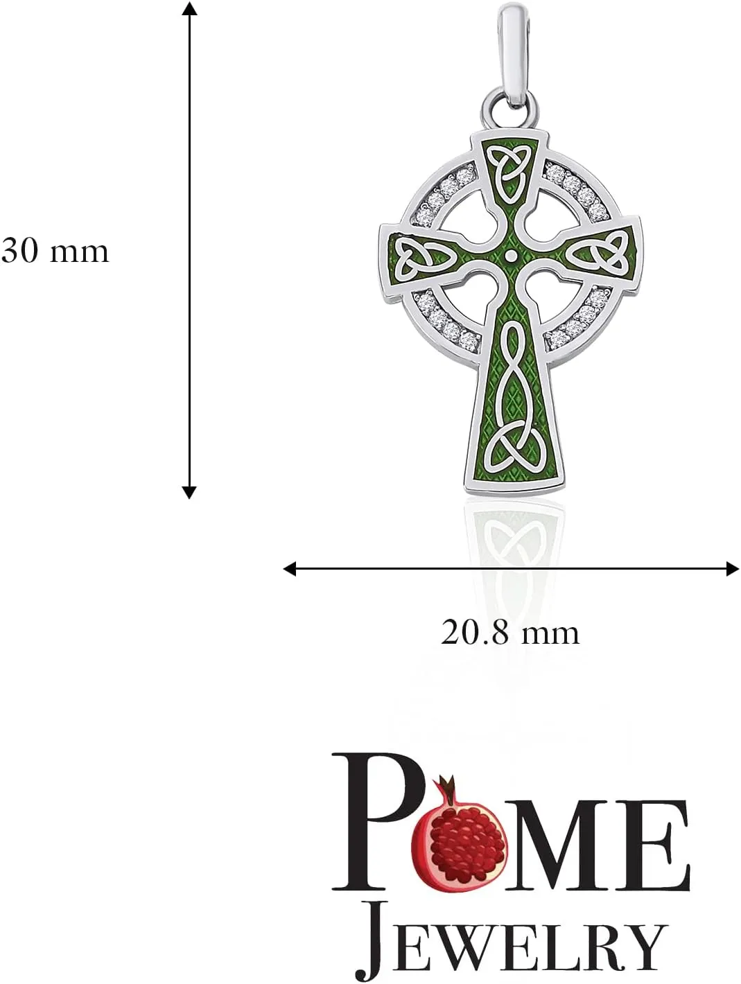 Pome Celtic Cross Pendant Necklace in Sterling Silver with Cubic Zirconia, Green Enamel, Made in America