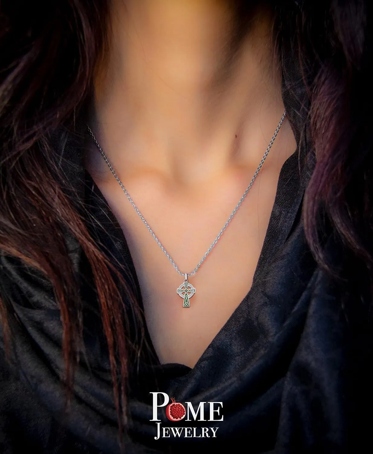 Pome Celtic Cross Pendant Necklace in Sterling Silver with Cubic Zirconia, Green Enamel, Made in America