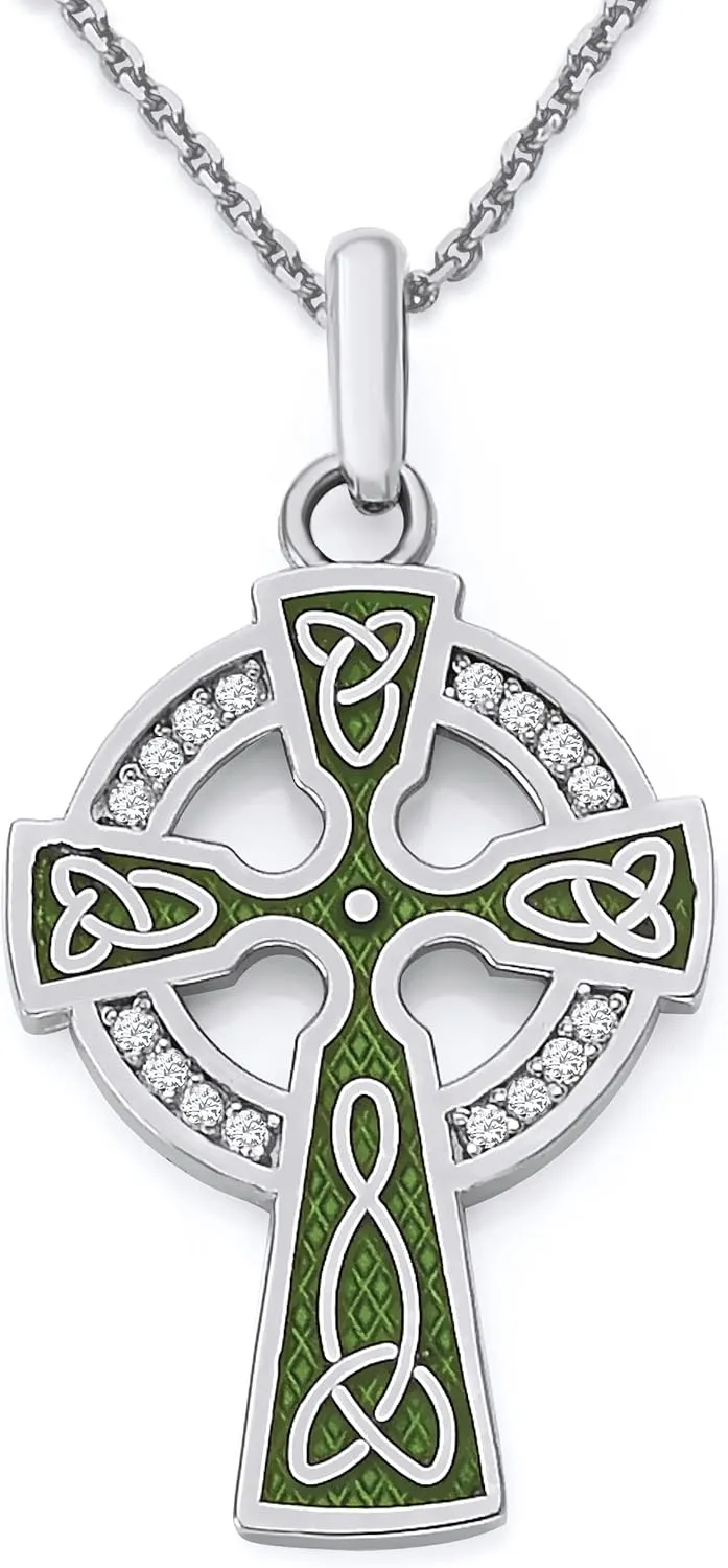 Pome Celtic Cross Pendant Necklace in Sterling Silver with Cubic Zirconia, Green Enamel, Made in America