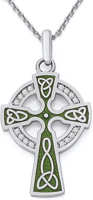 Pome Celtic Cross Pendant Necklace in Sterling Silver with Cubic Zirconia, Green Enamel, Made in America