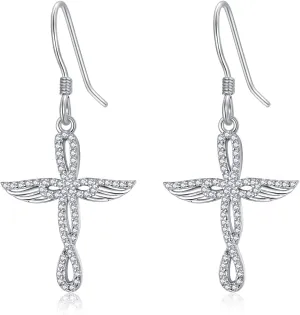 PRAYMOS Cross Earrings for Women 925 Sterling Silver Dangle Cross Earrings Hypoallergenic Silver Cross Earrings Angel Wing Design Religious Christan Faith Jewelry Christmas Gifts