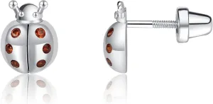 Precious Pieces Children's Sterling Silver Ladybug Earrings with Red CZs for Toddlers, Kids, and Little Girls