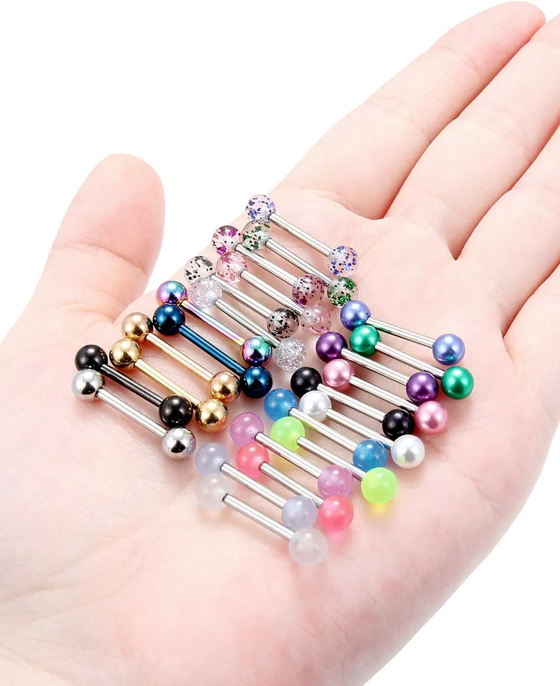 Prjndjw 24-48Pcs Nipple Rings Tongue Rings Surgical Steel Straight 14G Barbells Piercing Jewelry 12MM 14MM 16MM 19MM 22MM for Women Men Glow in The Dark Tongue nipple ring