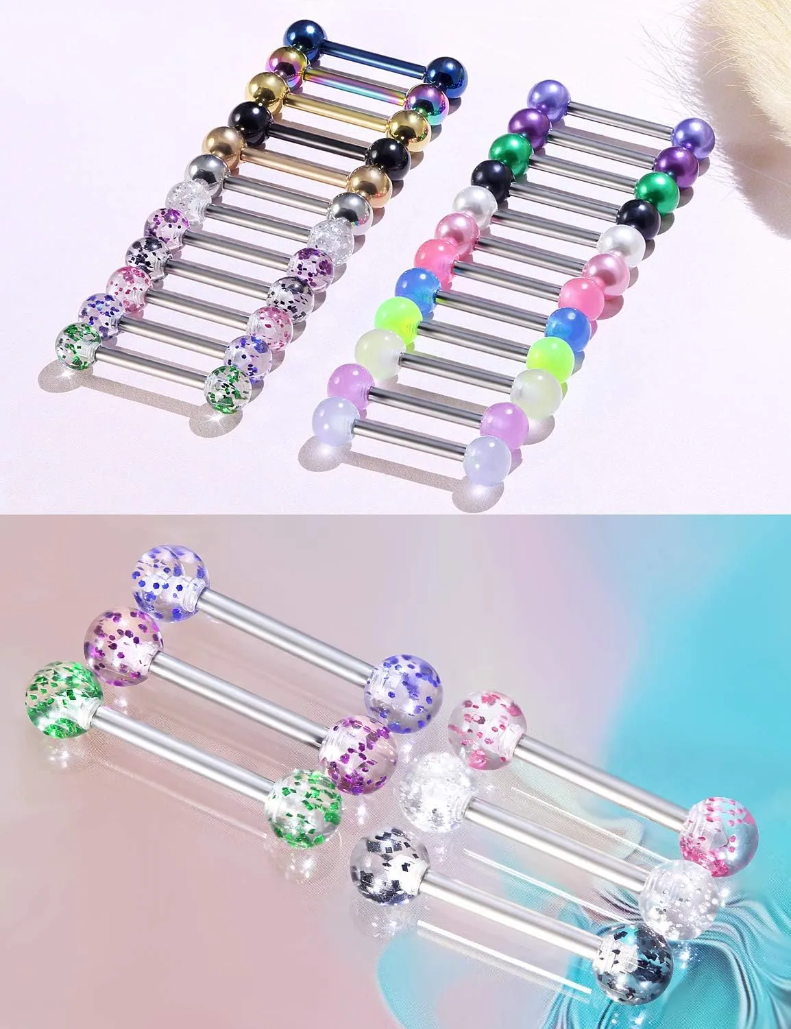 Prjndjw 24-48Pcs Nipple Rings Tongue Rings Surgical Steel Straight 14G Barbells Piercing Jewelry 12MM 14MM 16MM 19MM 22MM for Women Men Glow in The Dark Tongue nipple ring