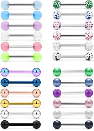 Prjndjw 24-48Pcs Nipple Rings Tongue Rings Surgical Steel Straight 14G Barbells Piercing Jewelry 12MM 14MM 16MM 19MM 22MM for Women Men Glow in The Dark Tongue nipple ring