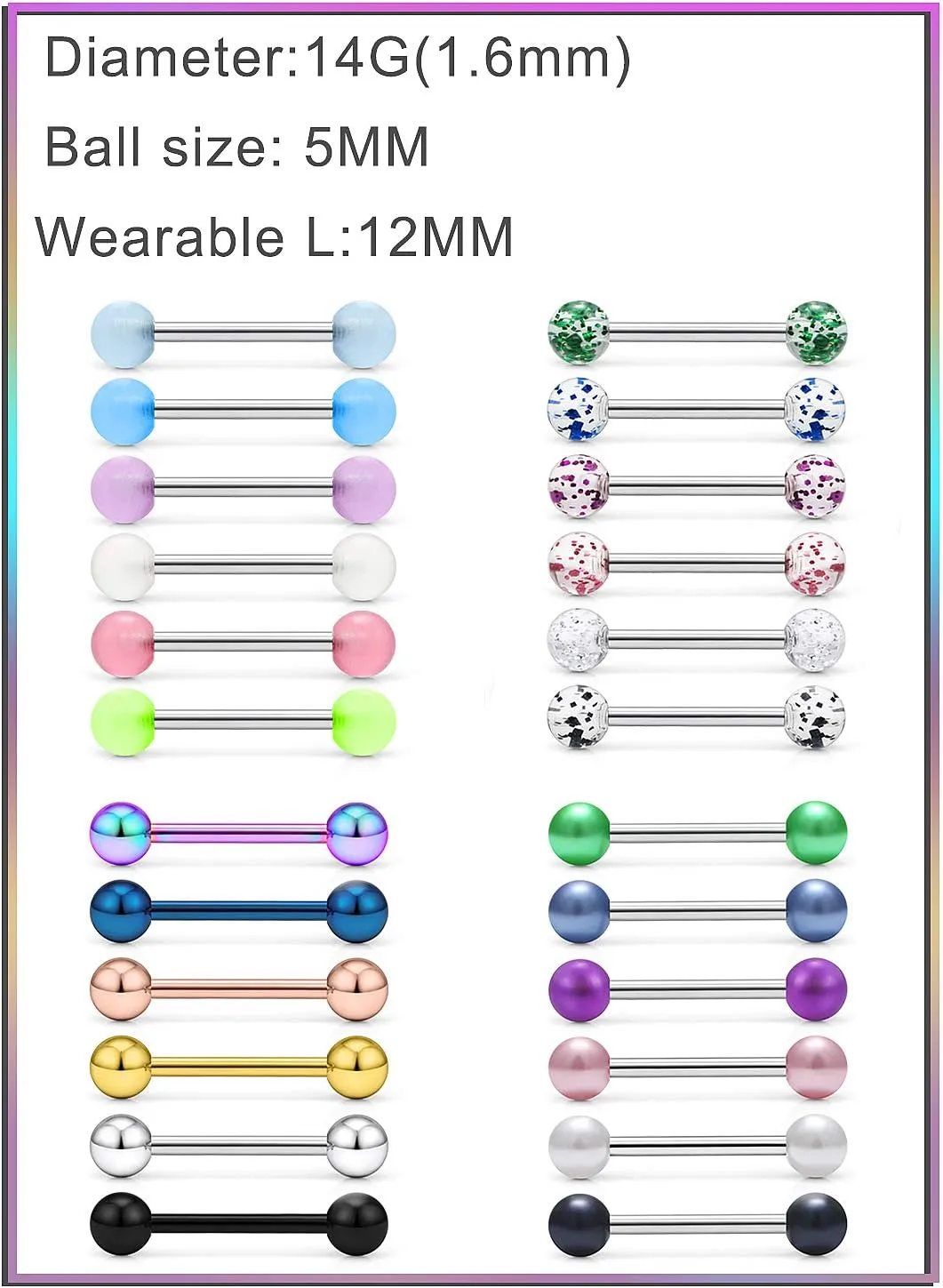 Prjndjw 24-48Pcs Nipple Rings Tongue Rings Surgical Steel Straight 14G Barbells Piercing Jewelry 12MM 14MM 16MM 19MM 22MM for Women Men Glow in The Dark Tongue nipple ring