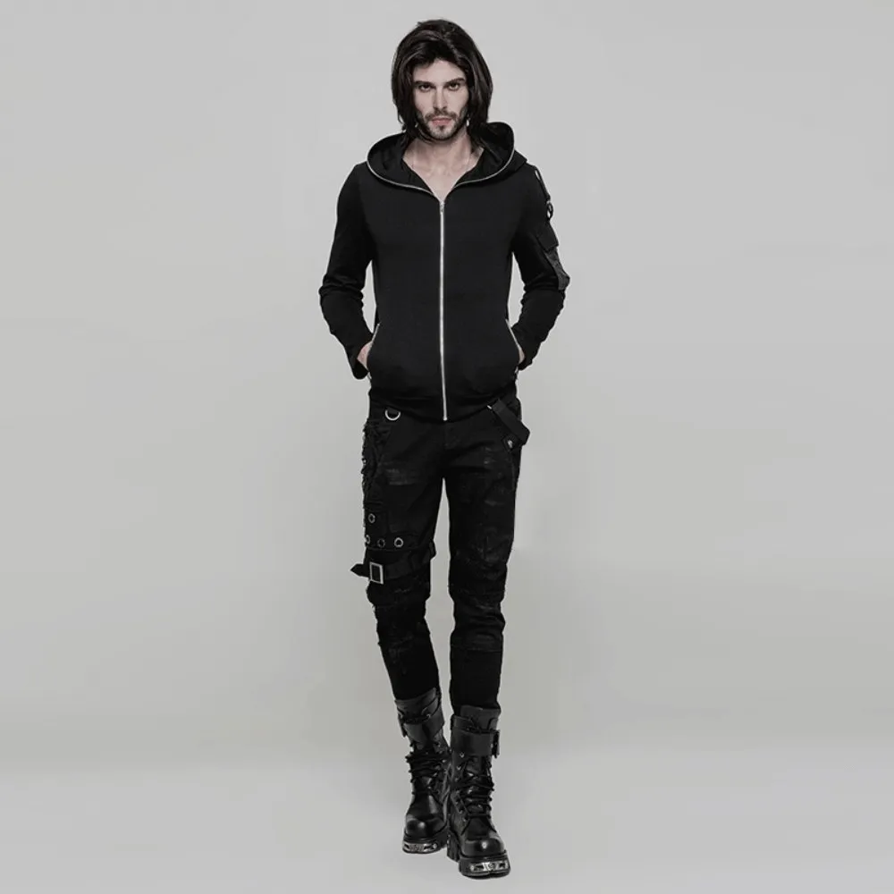 Punk Black Destroyed Jeans with Lace and Buckle