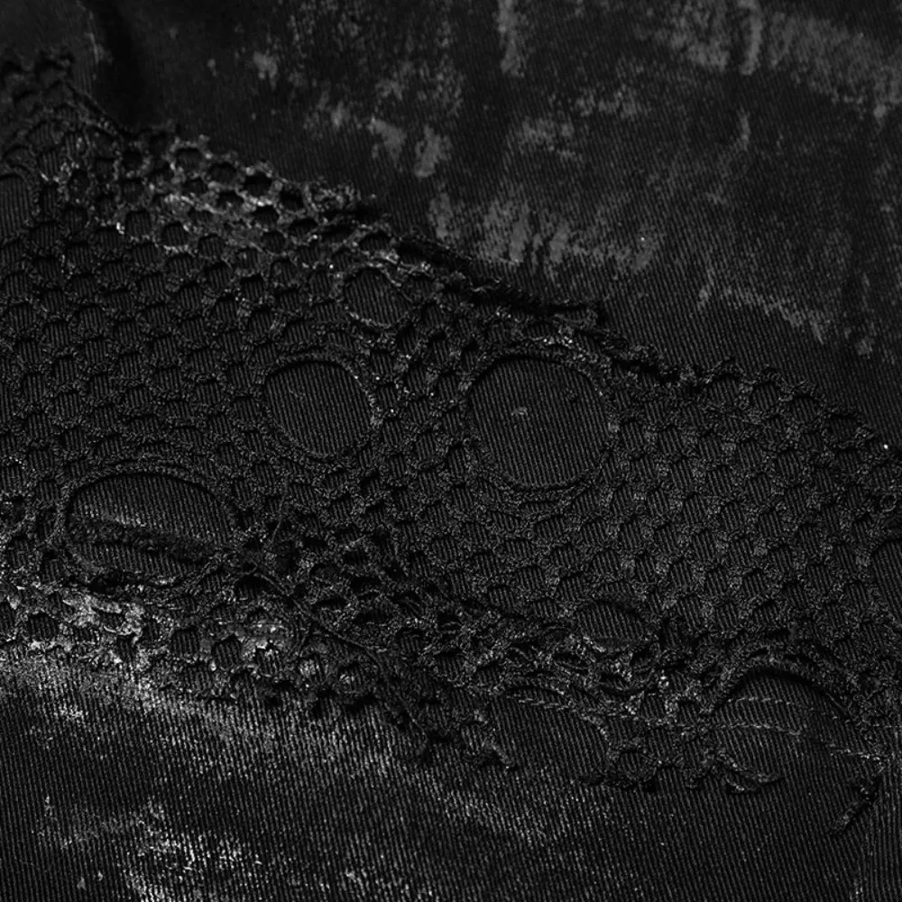 Punk Black Destroyed Jeans with Lace and Buckle