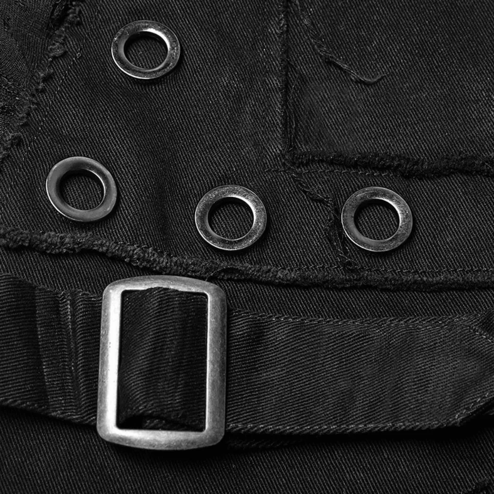 Punk Black Destroyed Jeans with Lace and Buckle