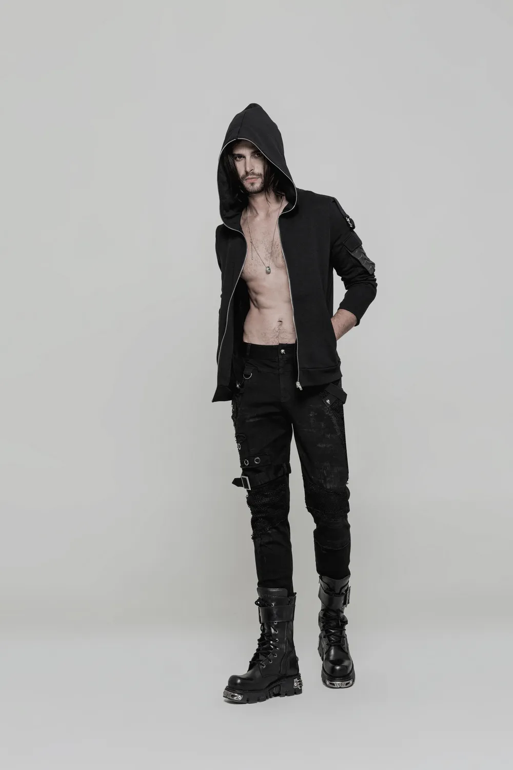 Punk Black Destroyed Jeans with Lace and Buckle