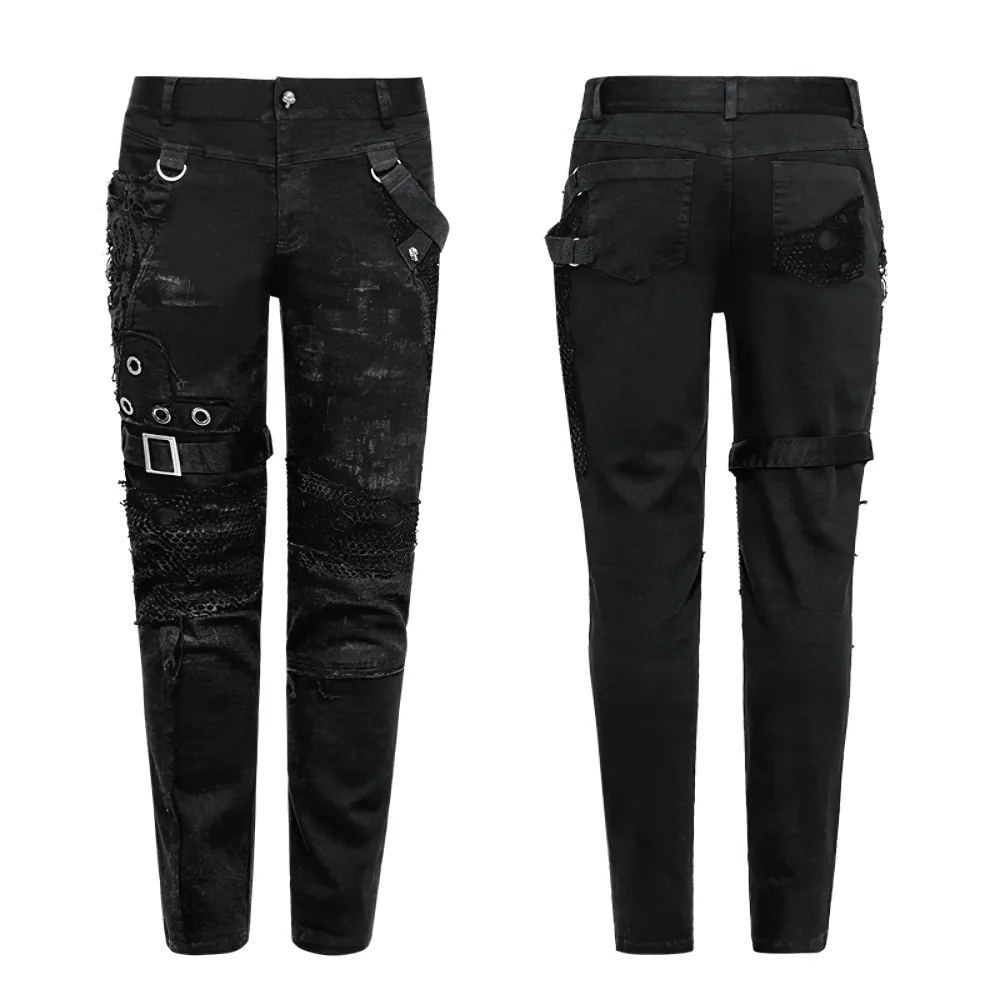 Punk Black Destroyed Jeans with Lace and Buckle