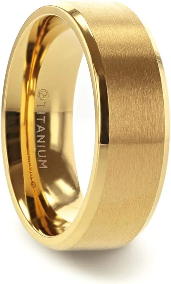 Radiate Gold Titanium Flat Brushed Center Wedding Band Ring with Beveled Polished Edges - 8mm