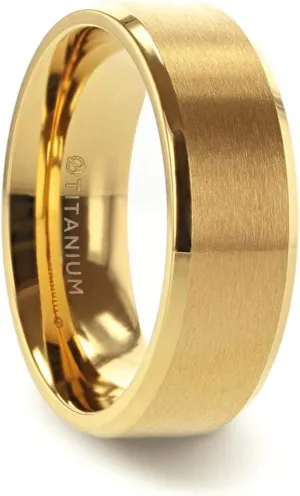 Radiate Gold Titanium Flat Brushed Center Wedding Band Ring with Beveled Polished Edges - 8mm