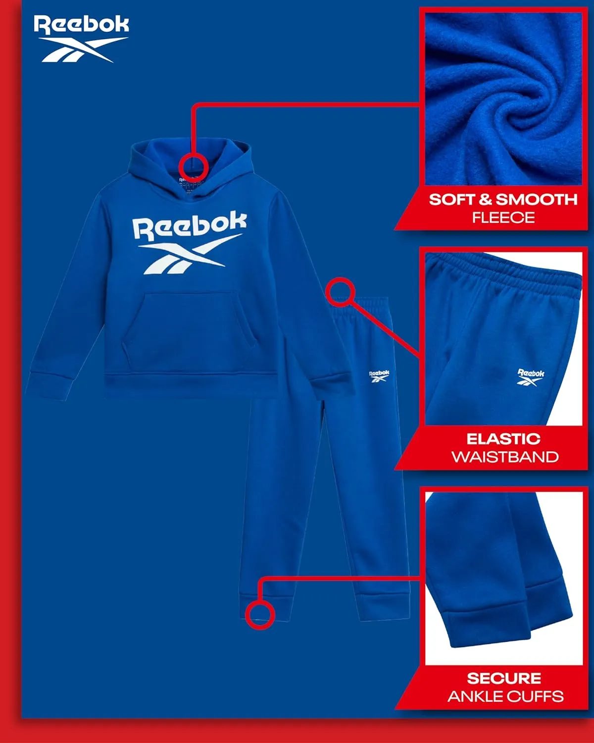 Reebok Toddler Boys' Sweatsuit Set - 2 Piece Active Fleece Hoodie Sweatshirt and Jogger Sweatpants Set for Boys (Sizes: 2T-7)
