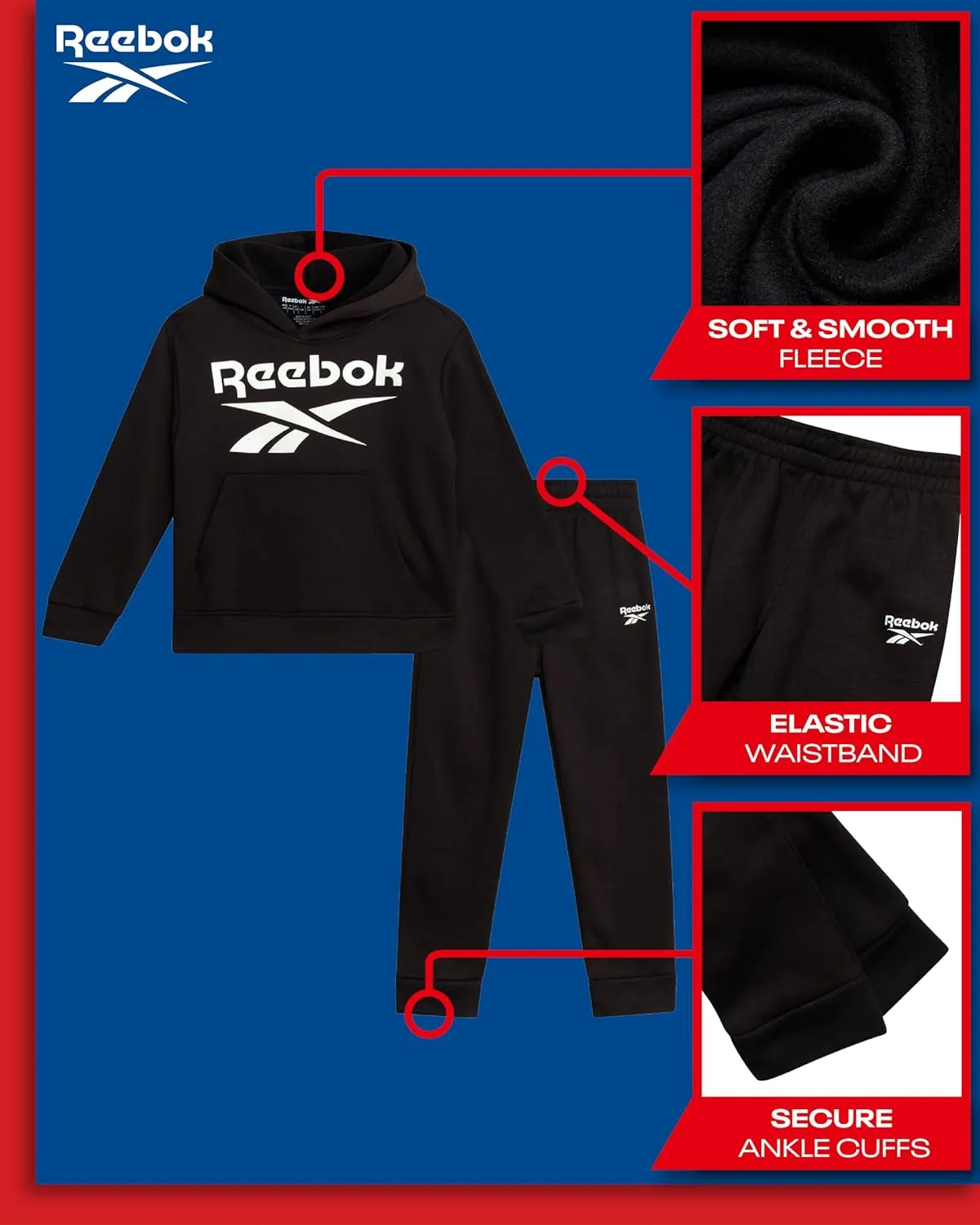 Reebok Toddler Boys' Sweatsuit Set - 2 Piece Active Fleece Hoodie Sweatshirt and Jogger Sweatpants Set for Boys (Sizes: 2T-7)