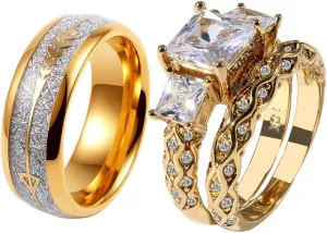 ringheart 2 Rings Couple Rings Three stone Yellow Gold Plated Princess cut Cz Womens Wedding Ring Sets Titanium Steel Man Wedding Bands
