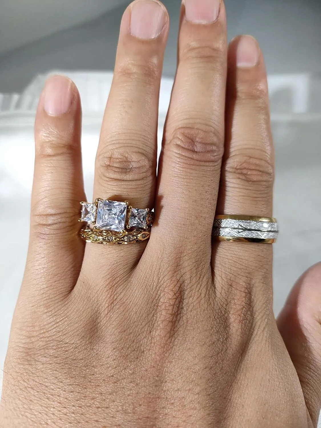 ringheart 2 Rings Couple Rings Three stone Yellow Gold Plated Princess cut Cz Womens Wedding Ring Sets Titanium Steel Man Wedding Bands