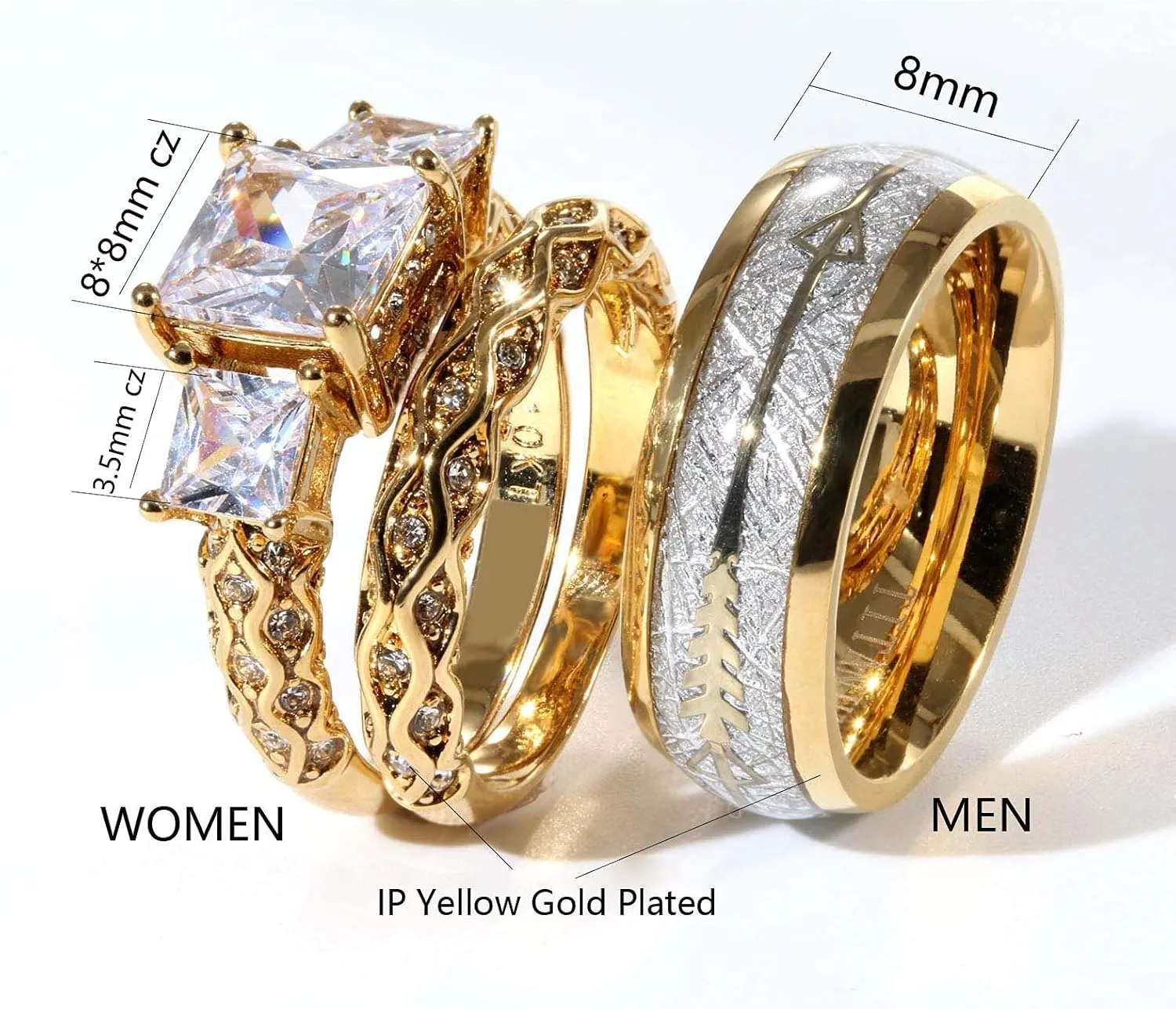 ringheart 2 Rings Couple Rings Three stone Yellow Gold Plated Princess cut Cz Womens Wedding Ring Sets Titanium Steel Man Wedding Bands