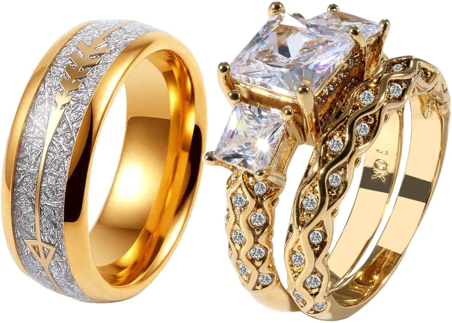ringheart 2 Rings Couple Rings Three stone Yellow Gold Plated Princess cut Cz Womens Wedding Ring Sets Titanium Steel Man Wedding Bands