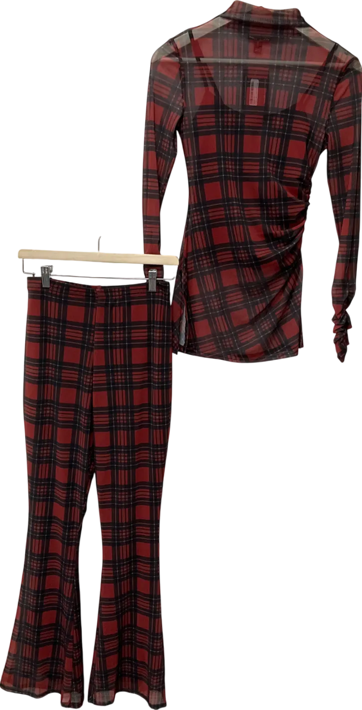 River Island Red Check Mesh Wide Leg Trousers & Red Check Mesh Long Sleeve Top UK 6