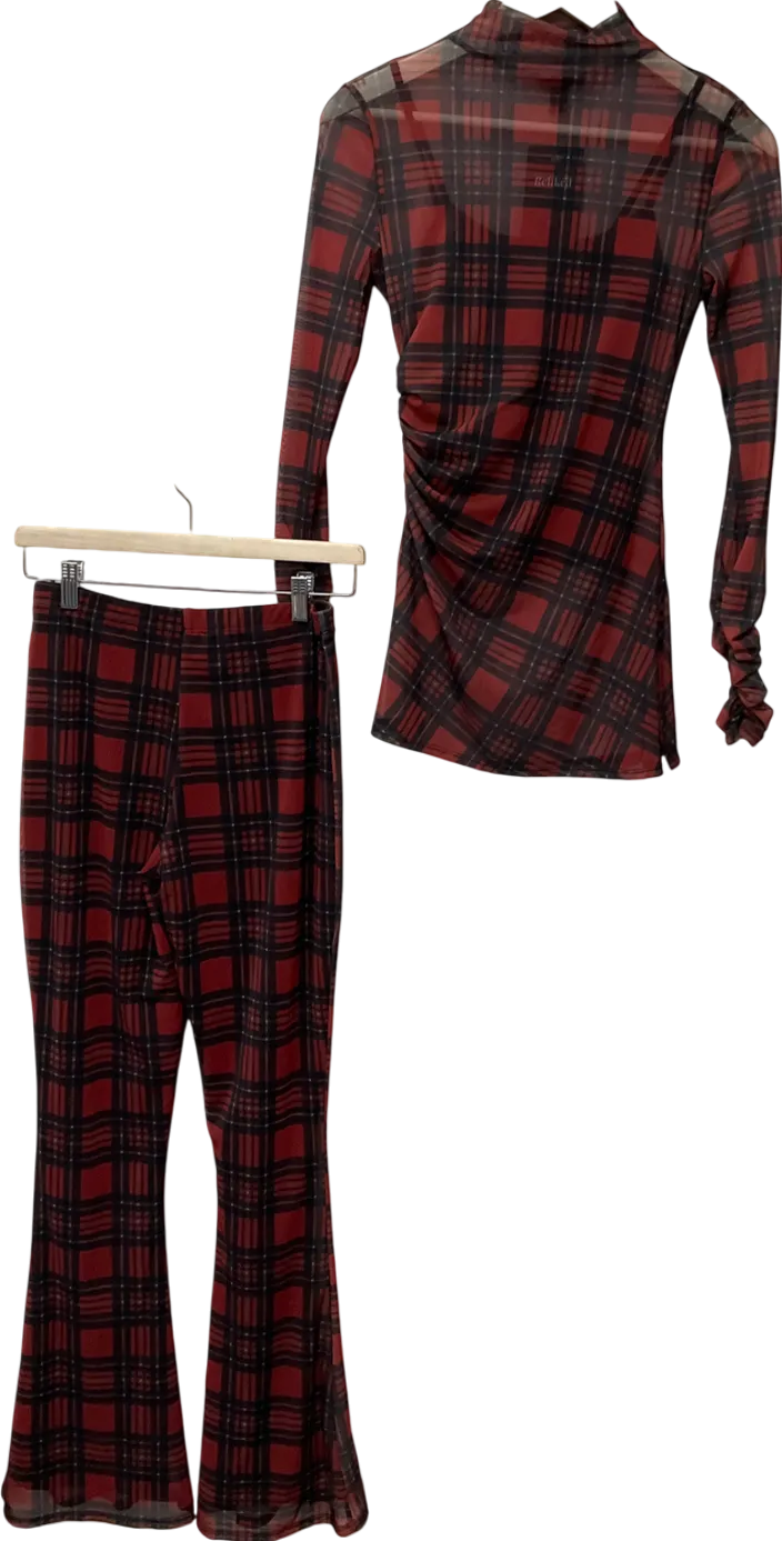 River Island Red Check Mesh Wide Leg Trousers & Red Check Mesh Long Sleeve Top UK 6